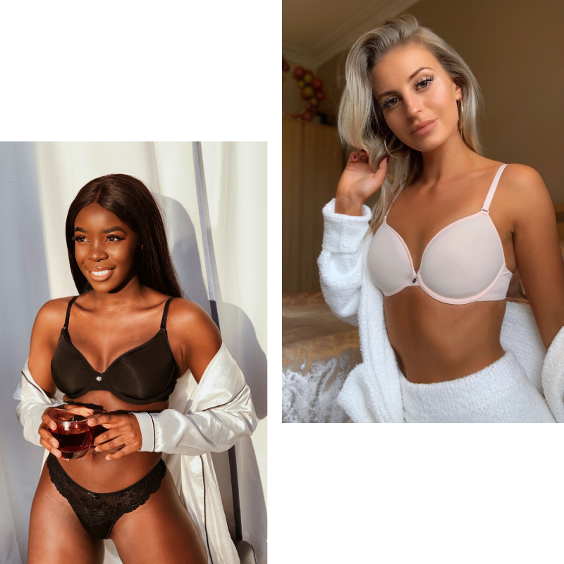 Freya Money and Kaz Kamwi wearing the Sara spacer lightweight plunge bra in black and blush